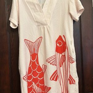 Cream Dress with Bold Red Fish Print